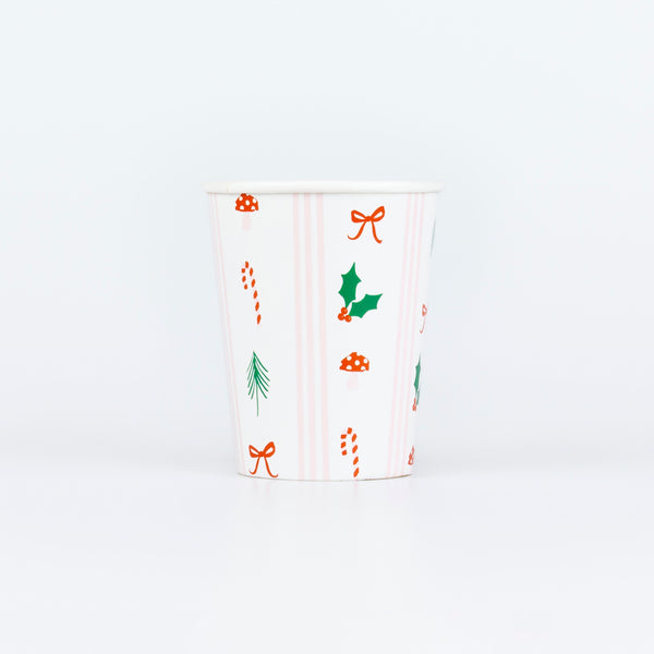 Our Christmas paper cups feature a stylish festive icon design in green, red and pink, suitable for hot or cold drinks. Image1