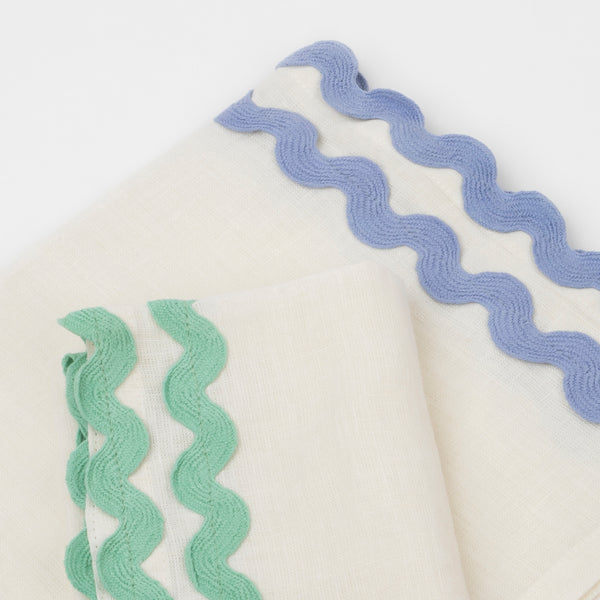 Our linen napkins are designed as reusable napkins, and have ric rac details. Image4