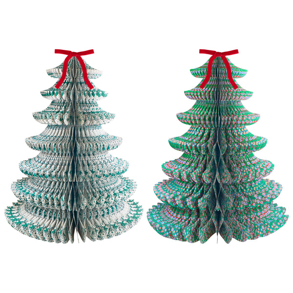 Our decorative Christmas trees, made in 3D shapes from honeycomb paper, feature beautiful Liberty print designs and red velvet bows on top. Image1