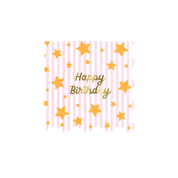 Our small napkins, made from 3-ply paper, are perfect for a birthday party, featuring stripes, neon stars, and a gold foil “Happy Birthday”. Image3