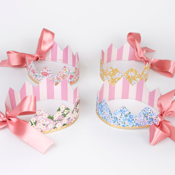Our sophisticated paper hats are crowns with Liberty print designs, pink ribbons and gold foil, perfect for bridal showers and baby showers. Image4