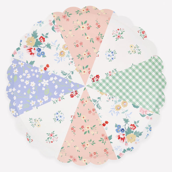 Our party plates, made from paper, feature a pretty patchwork design of florals and ginghams in soft pastels, ideal as a bridal shower plates. Image1