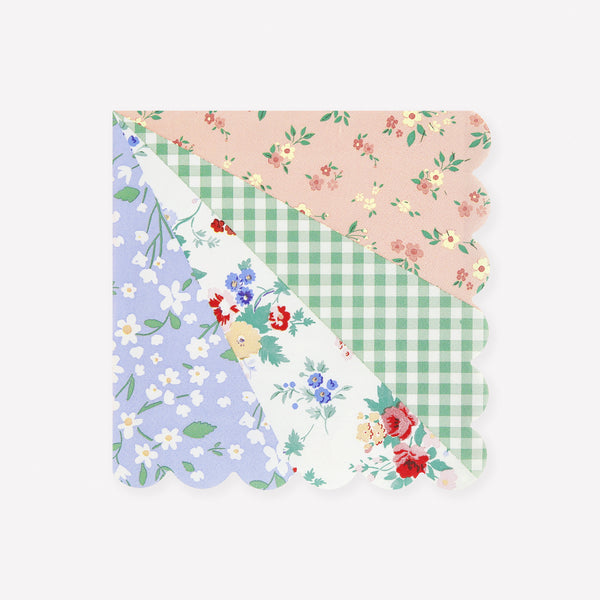Our large napkins, made from 3-ply paper, feature a patchwork design of florals and ginghams in soft pastels, ideal as bridal shower napkins. Image1