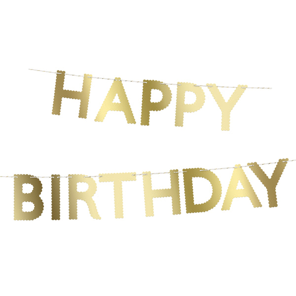 Our birthday garland, in shiny gold letters, is a great birthday party decoration to place on the party table, wall, mantel or doorway.