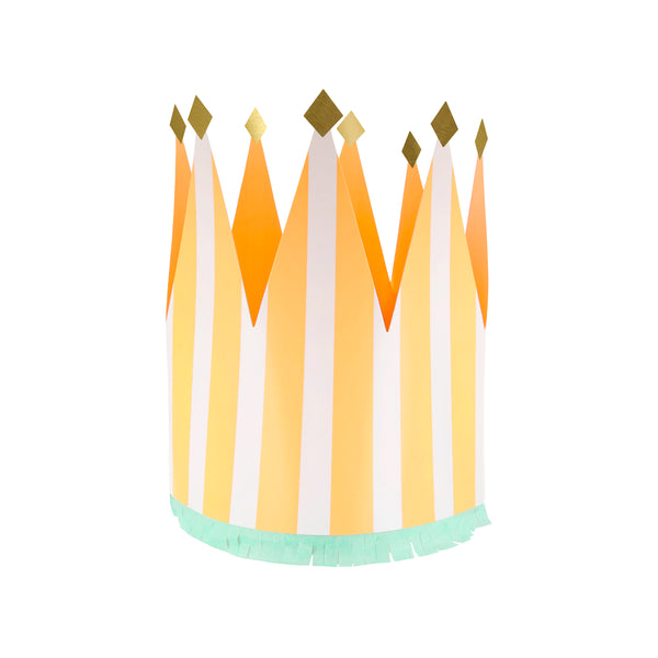 Our paper crowns, made with vibrant stripes, tissue paper fringing and shiny gold foil details, are the perfect birthday party hats. Image11