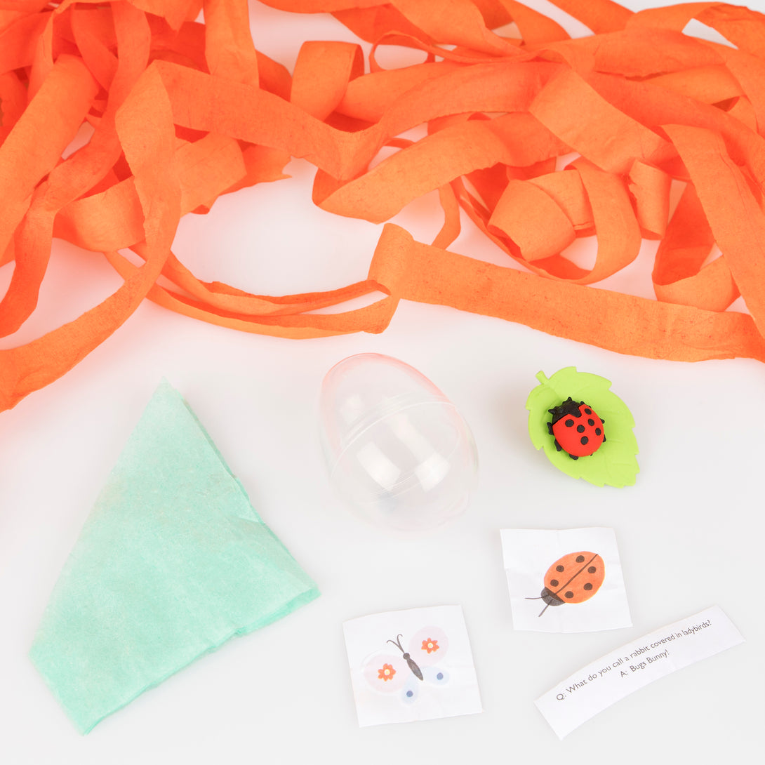 Make your woodland party look amazing with our fun ladybird surprise balls, including a cute ladybird eraser, a joke, 2 stickers and a party hat.