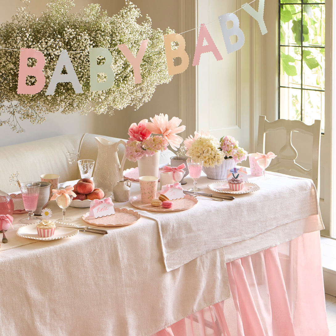 Our pastel paper garland, with the words baby, baby, baby, is ideal for your baby shower.