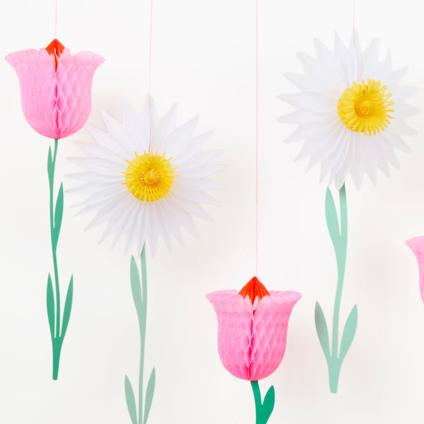 Our hanging decorations are big and beautiful honeycomb flowers, perfect to add springtime beauty to any celebration. Image3