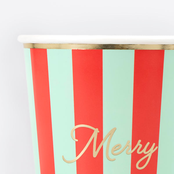 Our Christmas cups, paper cups with vibrant stripes, a Merry Christmas message and lots of gold foil, are perfect for hot and cold drinks. Image3