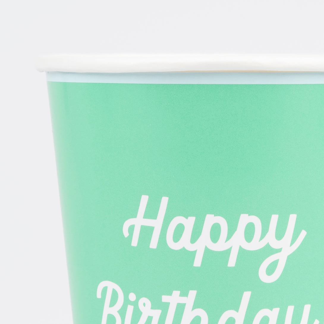 Our birthday party cups come in a rainbow of colours with the words Happy Birthday printed on the front.