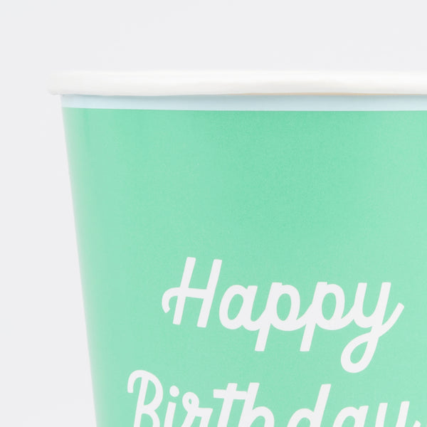 Our birthday party cups come in a rainbow of colours with the words Happy Birthday printed on the front. Image3