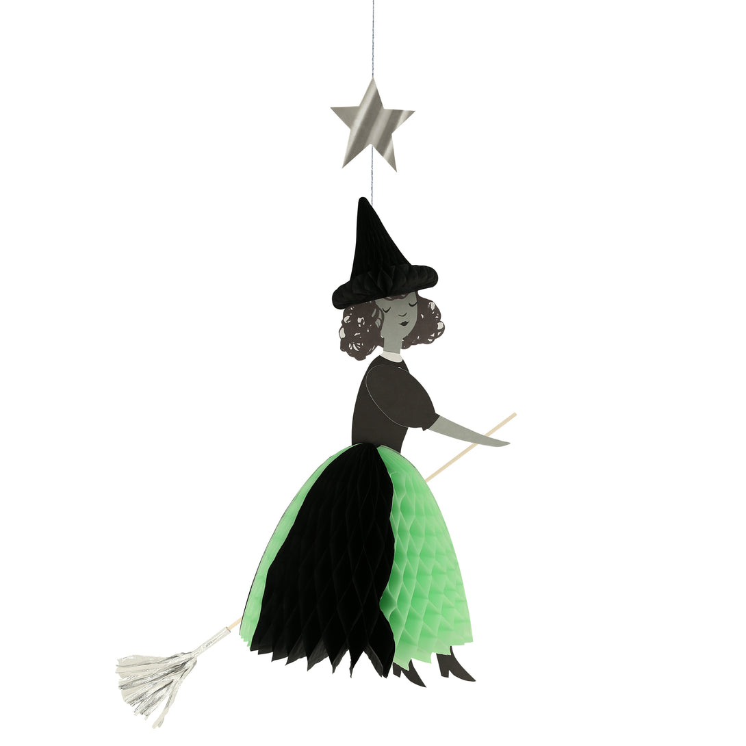 Our Halloween hanging decorations feature happy witches with honeycomb details, and shiny silver stars and a moon.