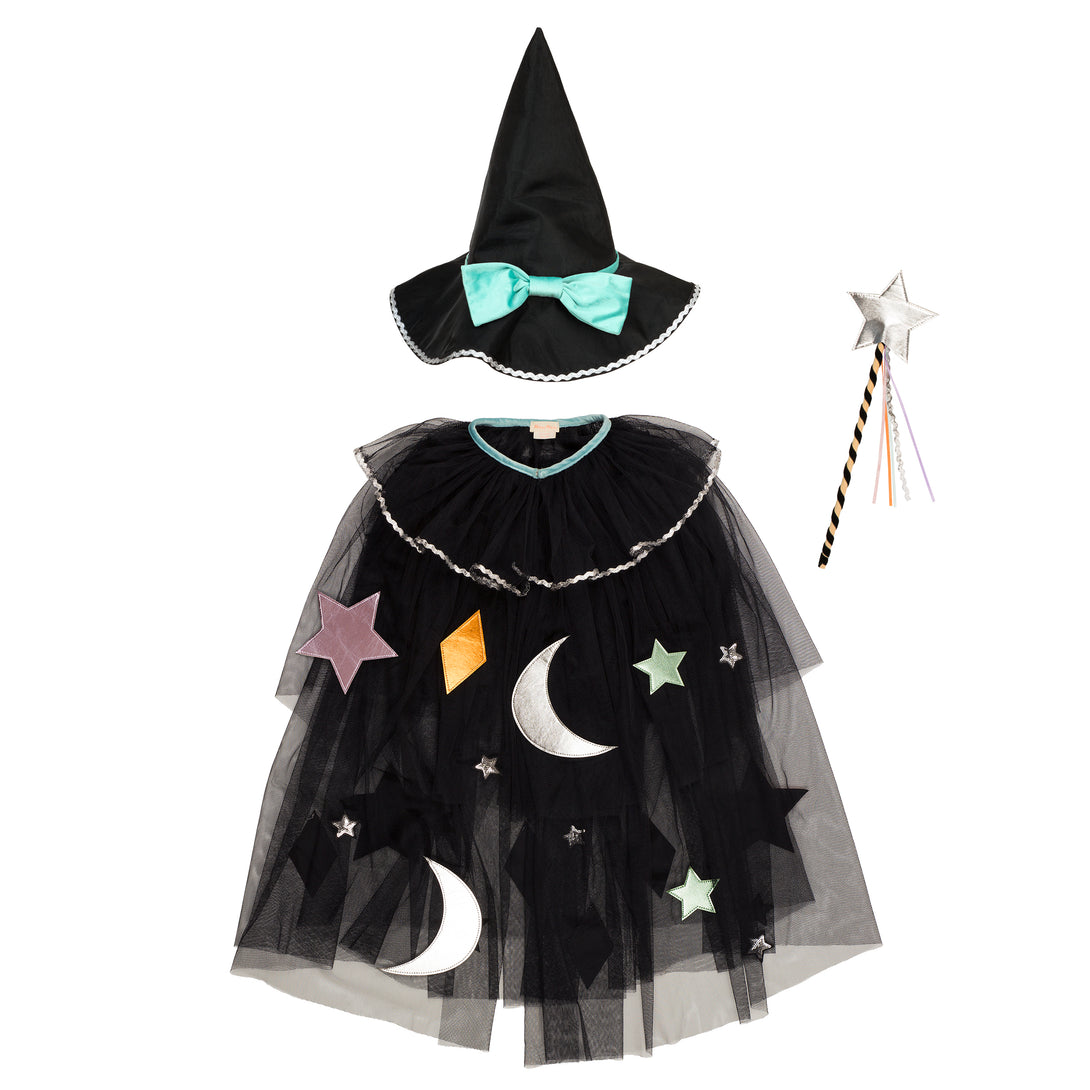 Our luxury witch costume set includes a tulle cape, an witch hat with a velvet bow and a colourful ribbon wand with a silver sequin star.