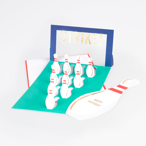 Our fun bowling birthday card features pop up bowling pins, a great decoration to give to someone who is having a bowling party.