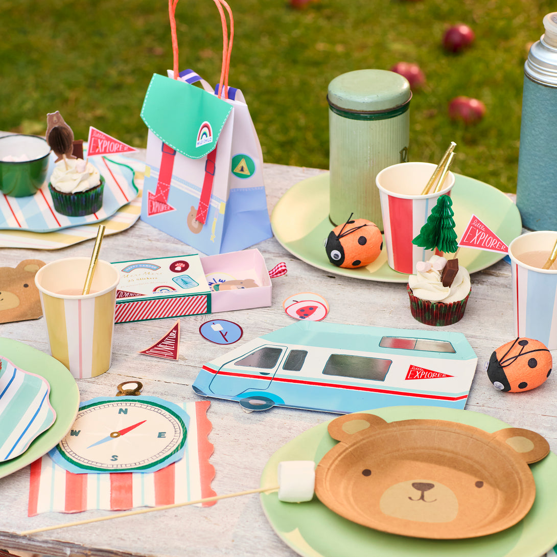 Our party napkins, in the shape of a compass, are brilliant for a camping party or woodland party theme.