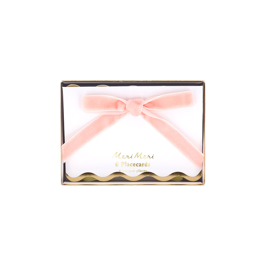 Use our luxury place cards with velvet bows in pastels colours, and shiny gold foil scalloped borders, for special meals like baby showers.