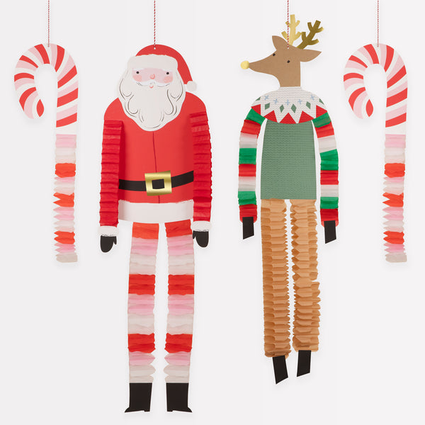 Our large Christmas hanging decorations include Santa, a reindeer and candy canes, with fun honeycomb details for a stunning effect.