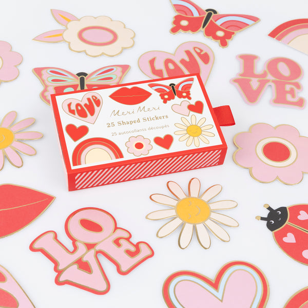 Our special sticker set is perfect to add to your Valentine's Day gifts for kids, 25 stickers with groovy 70s inspired designs for lots of fun. Image1