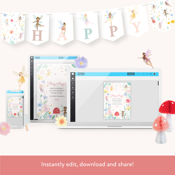 Our digital party bundle, with bright and beautiful fairy illustrations, includes all you need to welcome guests to your party. Image11