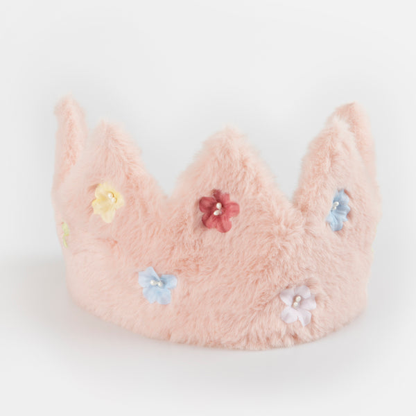 Our pink crown is made from soft fabric and has sparkling flower sequins. Image2