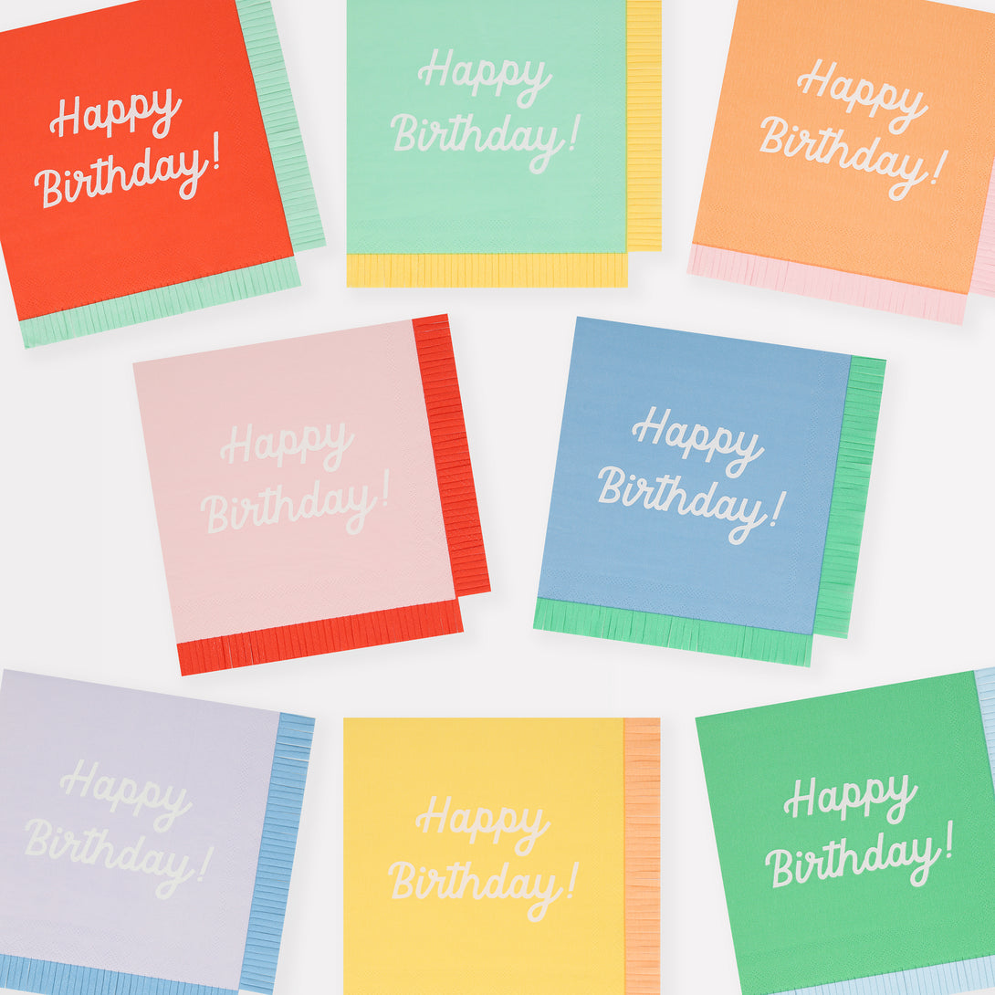 Our paper birthday napkins are made in bright colours with the words Happy Birthday on them.