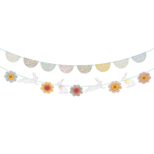 Our Easter decoration set includes 2 paper garlands with Liberty floral design flower pinwheels and scalloped shapes, and Easter bunnies. Image5