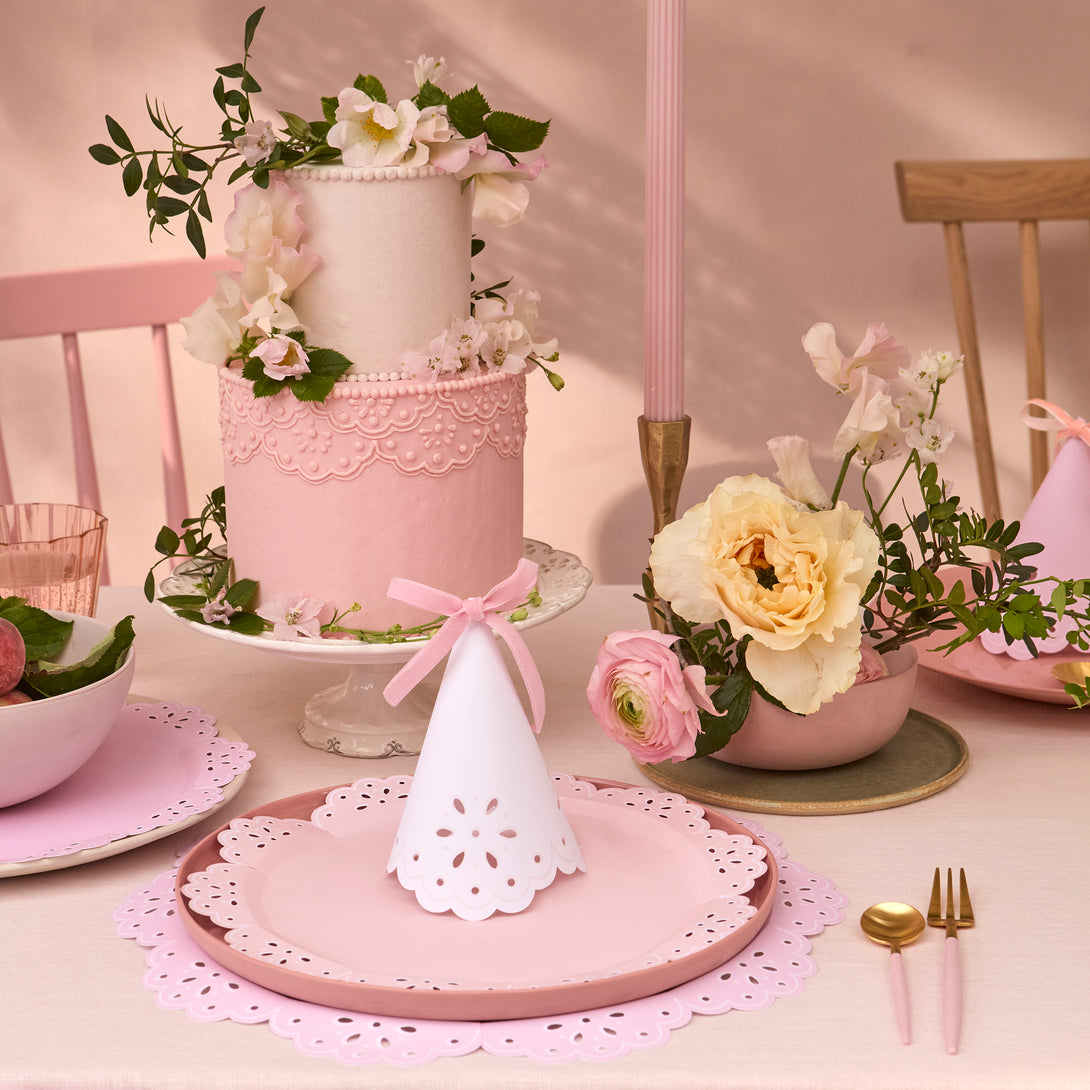 Our pink plates and peach plates, with a pretty lace design, are the perfect bridal shower plates.