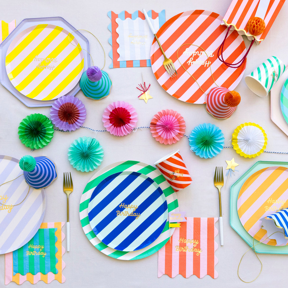 Our bright stripes party set has everything you need in a birthday supply set, with tableware, a cupcake kit, party hats and a mini garland. 