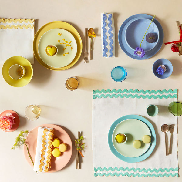 Our linen napkins are designed as reusable napkins, and have ric rac details. Image2