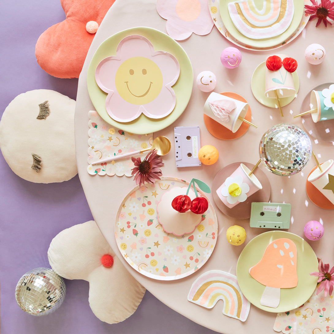 If you're looking for a colourful, cheerful 90s vibe for your birthday party plates you'll love our happy face designs.