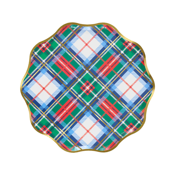 Our Christmas plates, made from paper, feature a tartan design mix in festive colours with shiny gold foil details and a wavy border. Image4