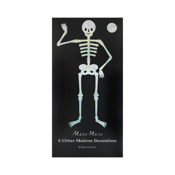 Our pack of six Halloween skeleton decorations, with moveable joints and chunky silver glitter, are perfect to add fun and sparkle to your party. Image3