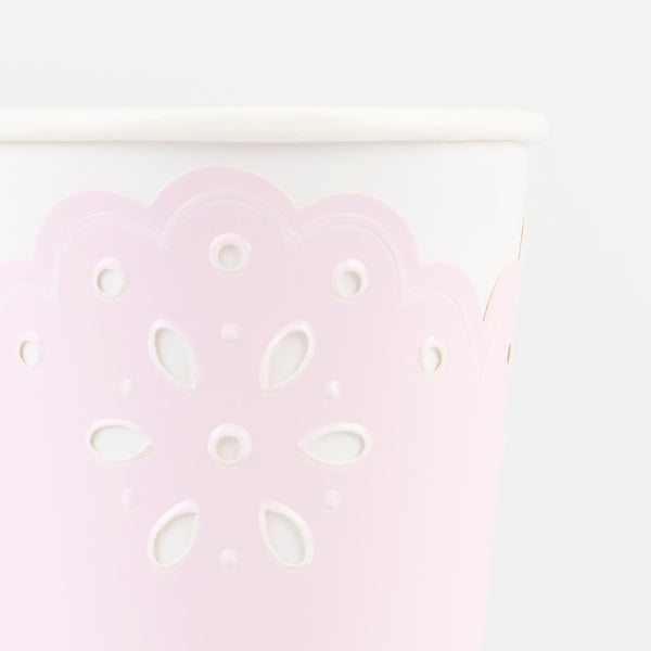 Our party cups are very pretty with their lace design and pink and peach colours. Image3