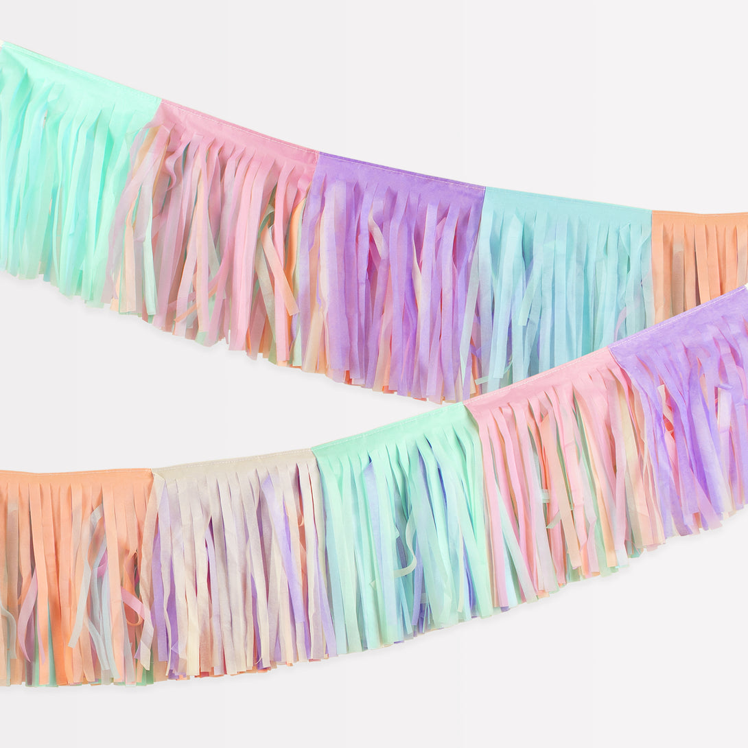 Decorate kids's bedrooms or parties with our pretty pastel garland made with fringe tissue paper for texture and style.