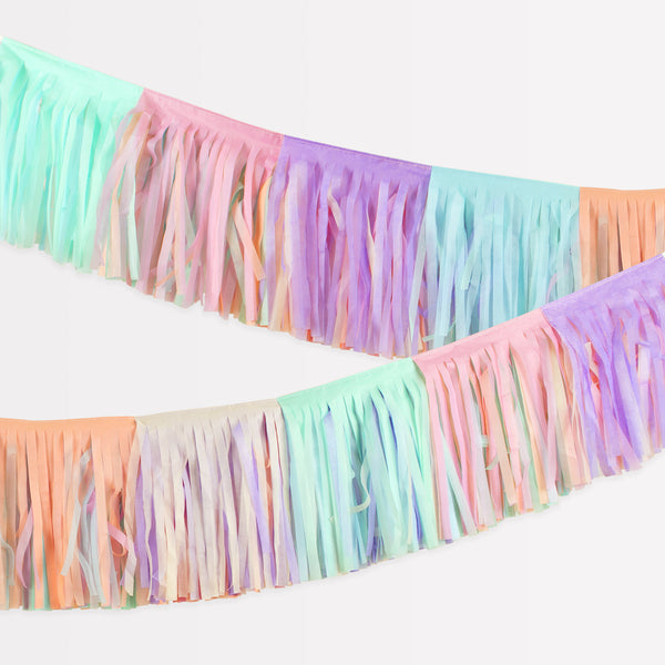 Decorate kids's bedrooms or parties with our pretty pastel garland made with fringe tissue paper for texture and style.