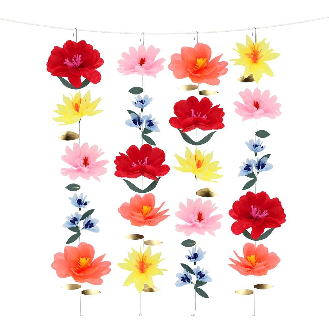 Use our bright flower wall, made with bright tissue paper flowers, to add colour and charm to any party or as a floral home decoration.