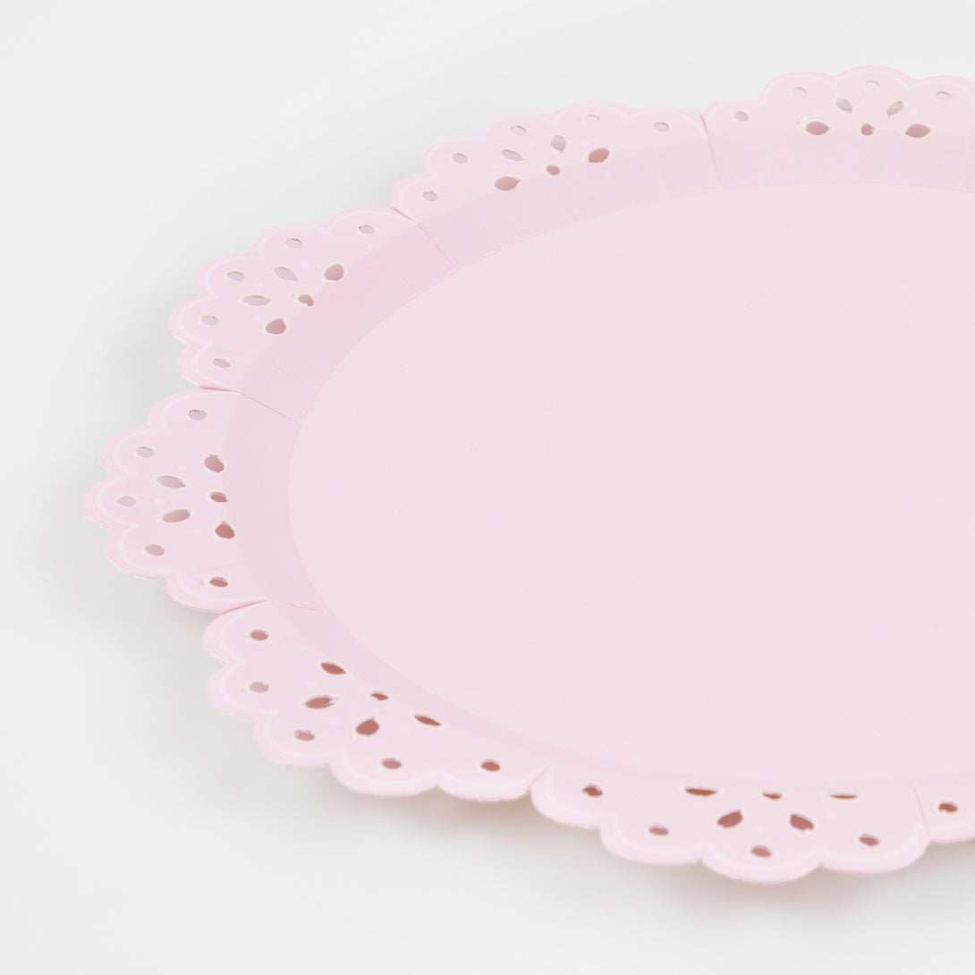 Our pink plates and peach plates, with a pretty lace design, are the perfect bridal shower plates.