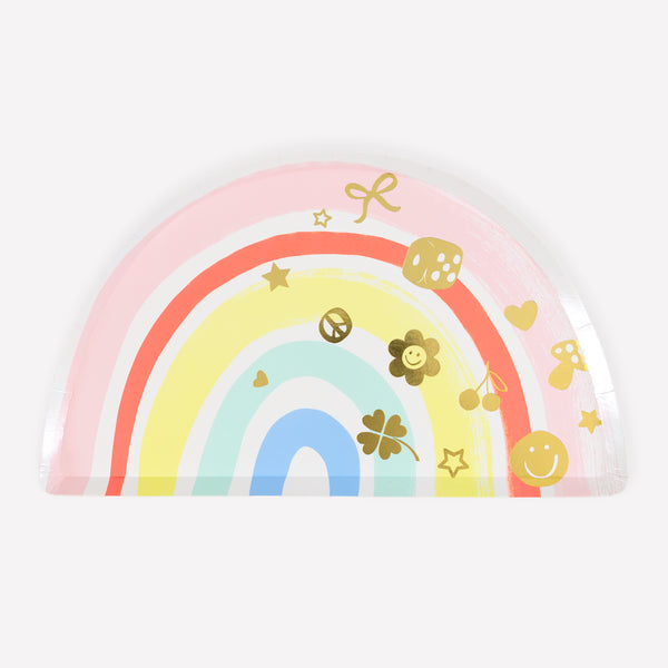 Our paper side plates are made in the shape of a colourful rainbow with shiny gold foil charm designs, ideal for a rainbow or unicorn party. Image1