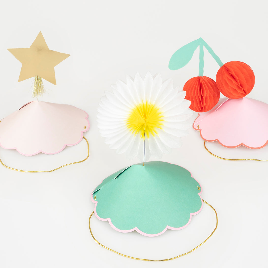 Our party hats feature flowers, cherries and stars, perfect for any special party.