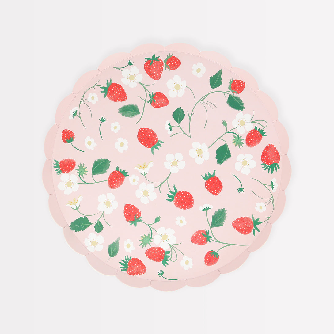 Our paper plates, in a small side plate size, feature a pretty pink and red strawberry design and scalloped edge.