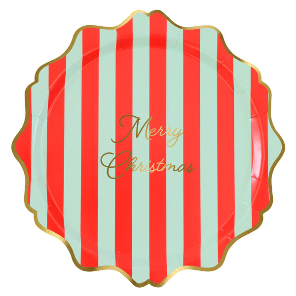 Our paper Christmas dinner plates have vibrant stripes, a Merry Christmas message, and gold foil details, great for main courses. Image6