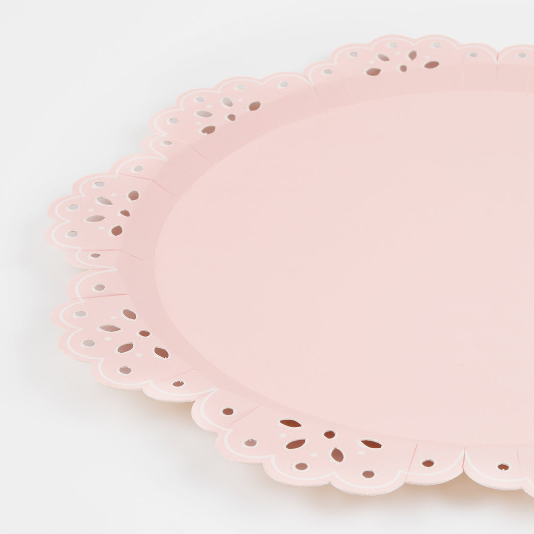 Our pretty party plates with a lace design are the perfect baby shower plates or bridal shower plates.