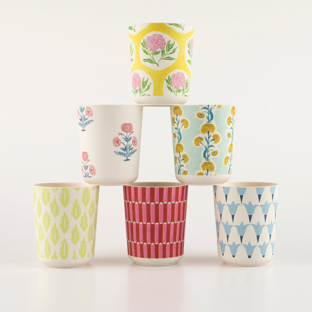 Our recycled plastic cups are perfect for any party, and feature Molly Mahon block print designs.