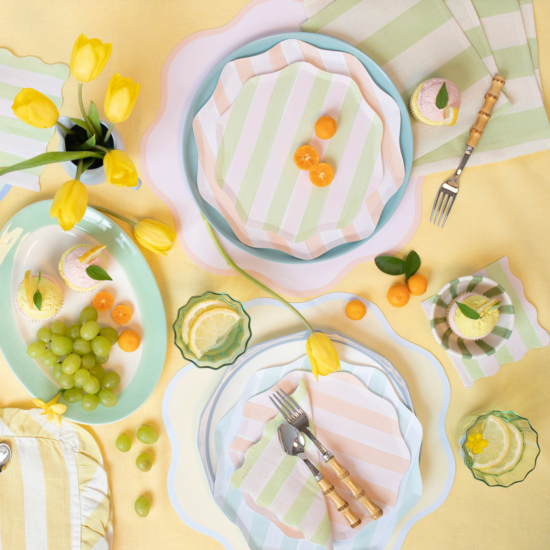 Our striped small napkins in pastel colours are perfect as cocktail napkins and paper napkins for picnics or garden parties.