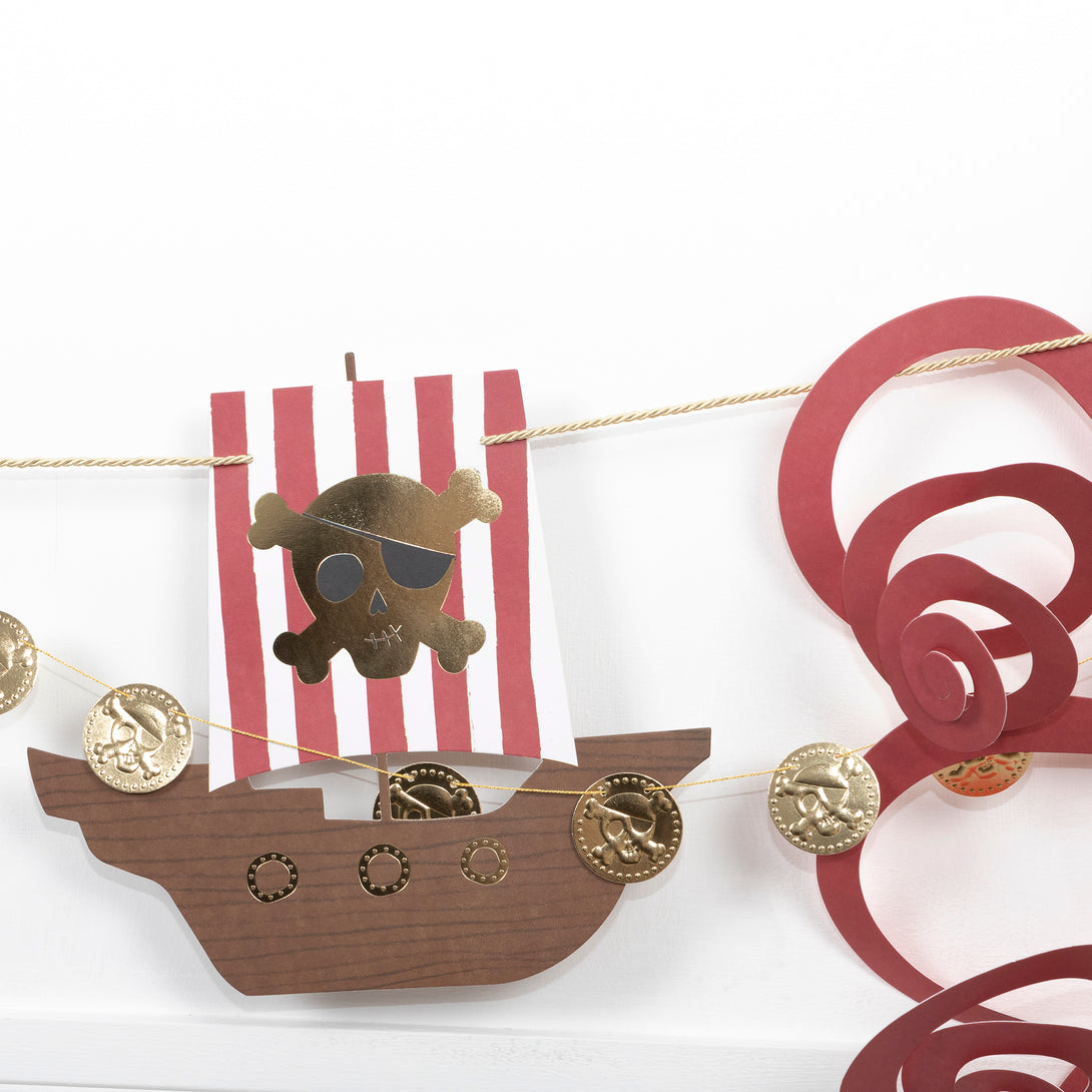 Make your pirate birthday party fun with our pirate garland, pirate hats, pirate paper plates, cups and napkins and party bags. 