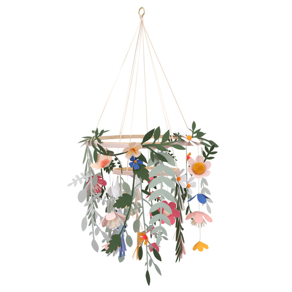 Our beautiful paper chandelier is crafted from paper flowers and leaves and wooden hoops. Image1