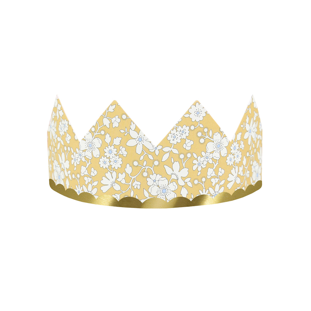 Our sophisticated paper hats are crowns with Liberty print designs, pink ribbons and gold foil, perfect for bridal showers and baby showers.