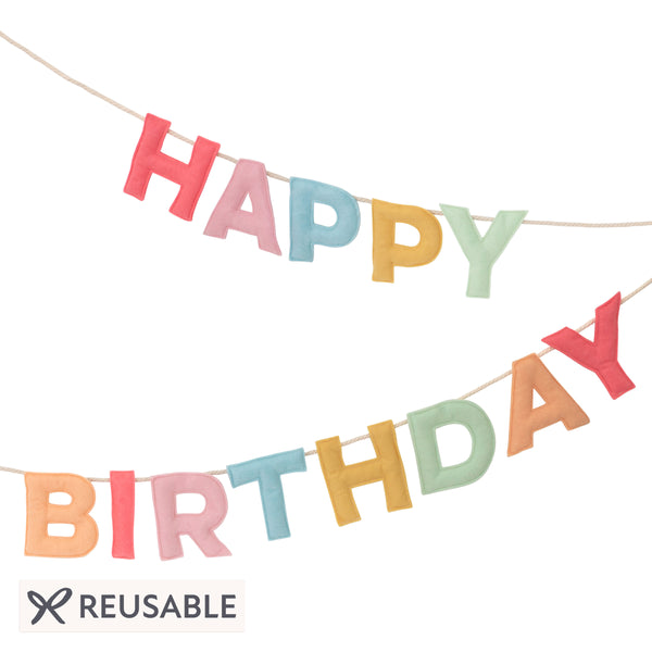 Our decorative garland, with the words Happy Birthday crafted in felt letters, is a wonderful birthday table decoration. Image1