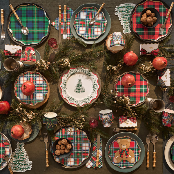 Our Christmas plates, made from paper in a dinner plate size, feature a mix of tartan designs in festive colours with pops of shiny gold foil. Image2
