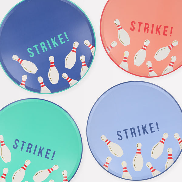 Our paper plates, featuring a bowling pin design, are ideal for a bowling birthday party.